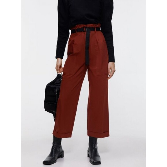 Red Zara Paperbag Waist Cropped Cuff-Hem Wide-Leg Pants Trousers (NWT) - Picture 2 of 7